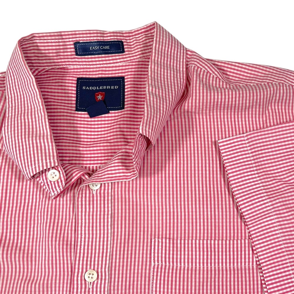 Saddlebred L‎ Red White Striped Button Down Shirt Short Sleeve Preppy Business